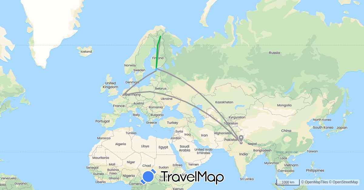 TravelMap itinerary: driving, bus, plane, boat in Belgium, Estonia, Finland, India, Poland (Asia, Europe)